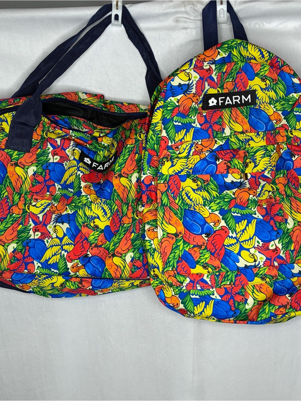 NWOT FARM Rio Colorful Parrot Print Backpack & Tote Travel Bag Set